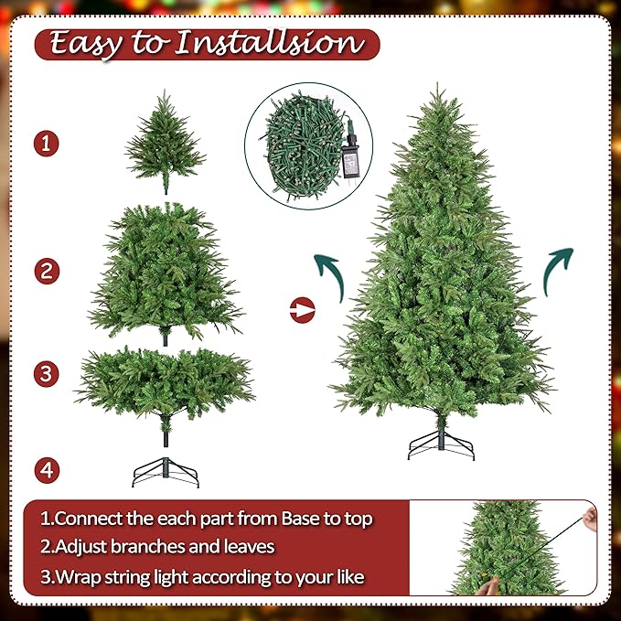 Sunnyglade 7.5ft Artificial Christmas Tree with 600 LED Lights (Not pre-lit), Xmas Tree Full Tree with 1422 Branch Tips & 11 Modes Light, RGB & Warm White Light, Foldable Stand for Home, Party Decor