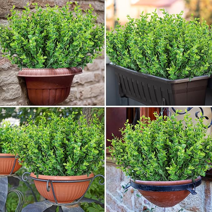 AmyHomie 20 Bundles Green Artificial Plants for Outdoor Spring Summer Decor UV Resistant Faux Wheat Grass Greenery Shrubs Eucalyptus Fake Plastic Plants Garden Porch Window Box Decorating