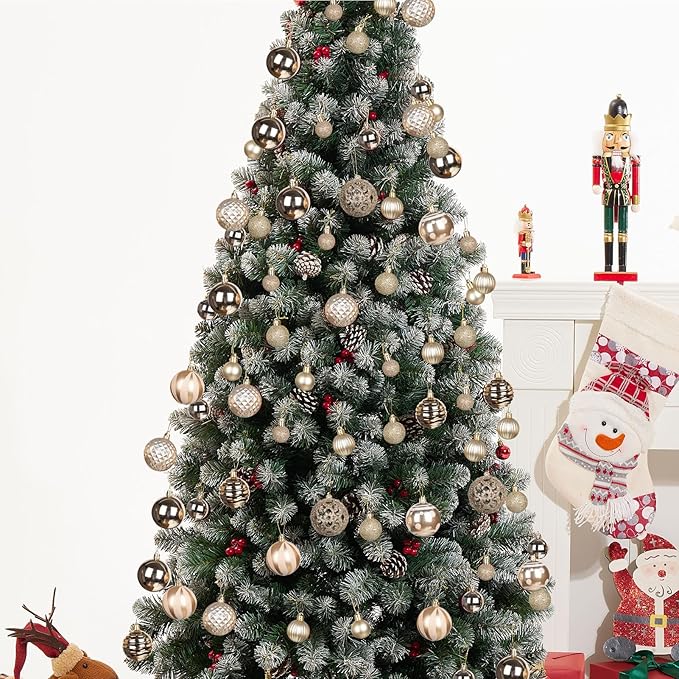 100PCS Christmas Ball Ornaments, Assorted Shatterproof Christmas Tree Decorations, Seasonal Decorative Hanging Baubles Decor Set for Xmas/Holiday/Party, Glitter&Painting Ornament Set (Champagne)