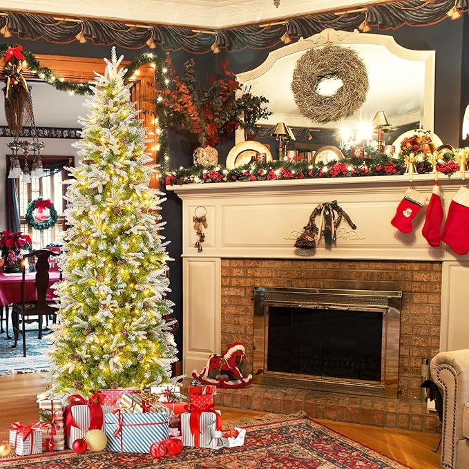 Goplus 7.5 FT Pre-Lit Pencil Christmas Tree, Artificial Snow Flocked Hinged Fake Slim Xmas Tree with 350 Warm-White LED Lights, 913 Branch Tips, 75 Pine Cones, for Office Home Decoration