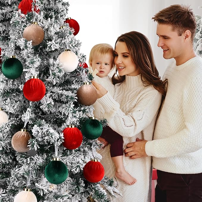 Velvet Christmas Balls Ornaments for Tree - 15pcs Shatterproof Christmas Ornaments for Xmas Trees Decorations - Multicolor Red Green Brown Beige, 80mm 3.15inch