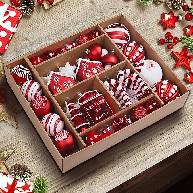 SHareconn 80ct Christmas Balls Ornaments Set, Shatterproof Plastic Colorful Xmas Decorative, Baubles for Tree Decorations with Hanging Strings, Red & White