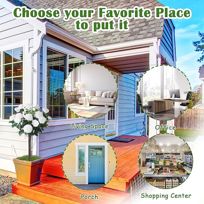 Sunnyglade 35.5" Set of 2 Artificial Camellia Tree, Faux White Camellia Flowers Plant with Spike Fake Silk Flora Topiary Plants Tree for Indoor, Garden, Yard, Porch, Patio Decoration