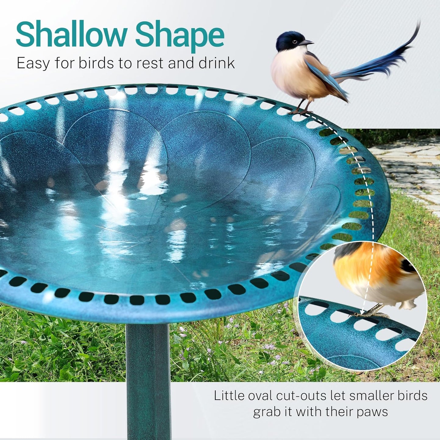 Bird Bath 28 Inch Height, Polyresin Standing Antique Birdbath for Outdoor Garden Decor, Green