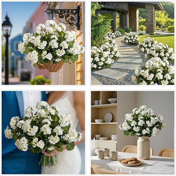 Artificial Geranium Flowers for Outdoors Geraniums Artificial Flowers Realistic Faux Geraniums for Outdoor Planters Silk Geranium Outdoor Fake Flowers Porch Home Kitchen Garden Decor(4PCS,White)
