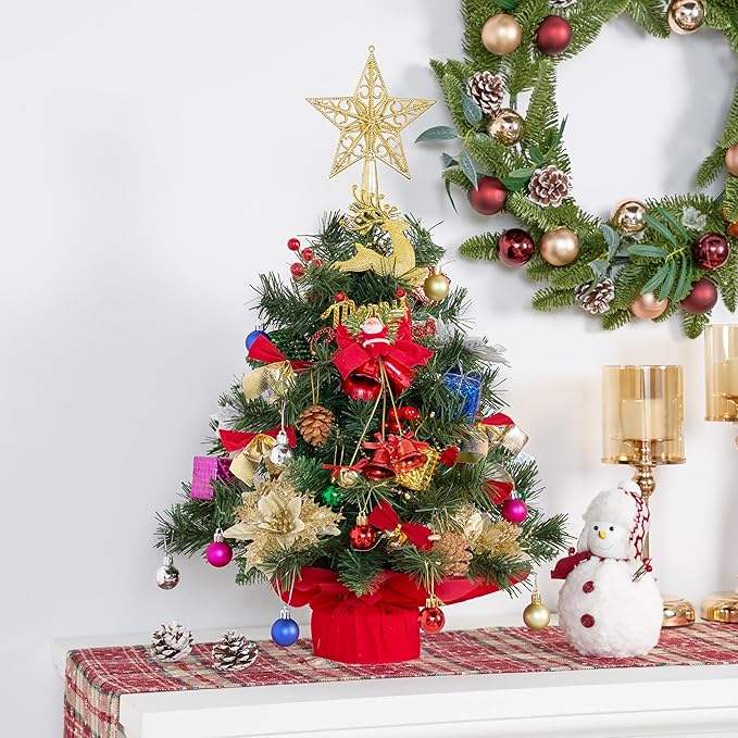 JOIEDOMI 24"/2FT Pre-lit Tree with Decoration Kit Artificial Christmas Tabletop Tree with 70 Branch Tips 30 LED Lights, Includes Star Topper Ornaments, Battery Operated Mini Tree for Indoor Xmas Decor