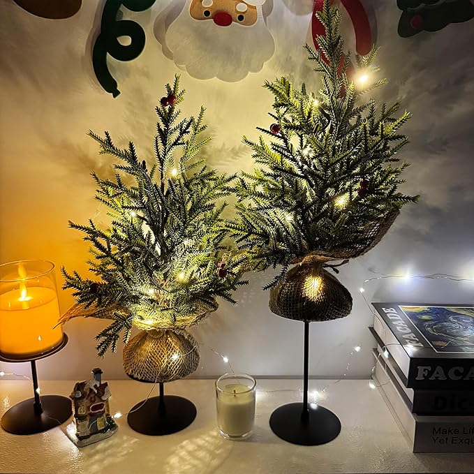 Set of 2 Mini Christmas Tree, 12 in Pre-lit Tabletop Xmas Decorations with 8 Warm LED Lights, Battery Operated with Timer, Burlap Base Artificial Pine Tree for Indoor Desk Office Dorm