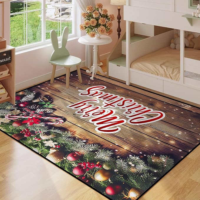 Christmas Wood Grain Xmas Decorative Area Rug, Non-Slip Indoor Throw Washable Rug, 71" X 47"