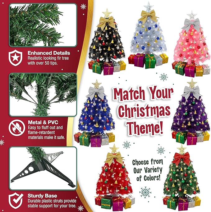 Small Christmas Tree with Lights - 23 Inch Mini Tabletop Christmas Tree with Multi-Color LED Lights, Hanging Ornaments, Decorative Bow and Gift Boxes - Prelit Table Tree for DIY Christmas Decoration