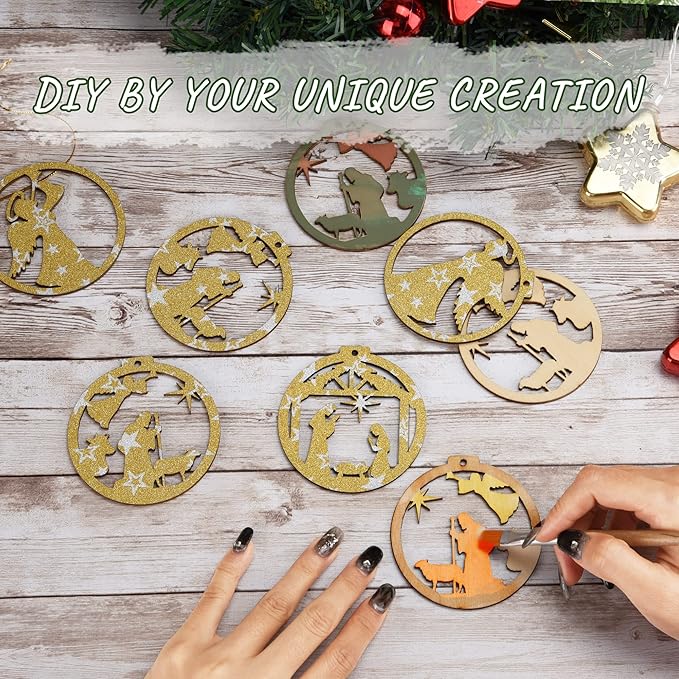14 Pcs Nativity Scene Ornaments, Christmas Wooden Nativity Hanging Ornaments Set, Christian Nativity Scene Christmas Tree Decoration, Xmas Religious Gift for Family Friends and Christian