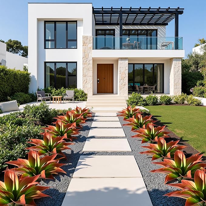 Fake Plants Artificial Agave Plants 13.8" Large UV Resistant Fake Agave Planters for Indoor and Outdoor Decorating Tropical Plant Succulents Greenery Indoor Decor 2Pack(Red)