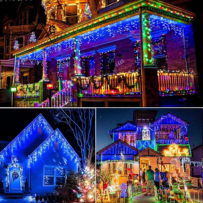 Icicle Christmas Lights Outdoor, 33 FT 400 LED Icicle Lights for Outside 8 Modes with 75 Drops, Plug in Waterproof Hanging Christmas Light for Holiday Pavilion Balcony Decorations, Blue