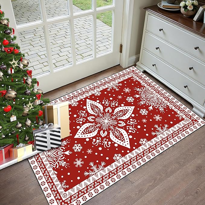 3' X 5' Christmas Rug Snowflake Area Rugs Washable for Indoor Entryway Dorm Laundry Holiday Decor Floor Mat Pad for Girls Kids Women Carpet Doormat