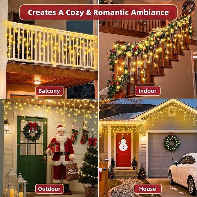 612 LED 60ft Christmas Lights with 136 Drops, 12 Lighting Modes Warm White Christmas Decoration Twinkling Lights Dimmable, Timer Outdoor Waterproof Fairy Lights for Indoor Garden House Eaves Roof
