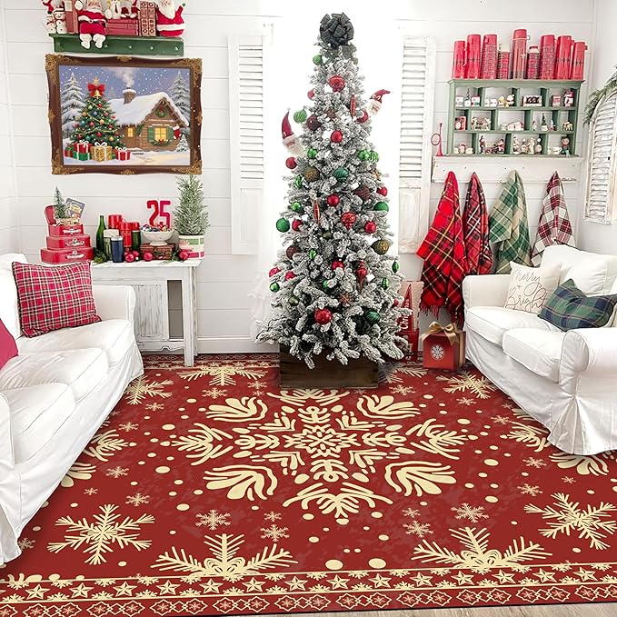 6' X 9' Christmas Rug Snowflake Area Rugs Washable Non-Slip for Bedroom Living Room Dining Room Classroom Nursery Merry Christmas Carpet for Kids Girls Women Floor Mat Pad
