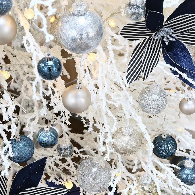 Sea Team 60mm/2.36" Shatterproof Clear Plastic Christmas Tree Ball Ornaments Set, Decorative Hanging Transparent Xmas Baubles with Stuffed Delicate Decorations (30 Counts, Champagne, Silver, White)