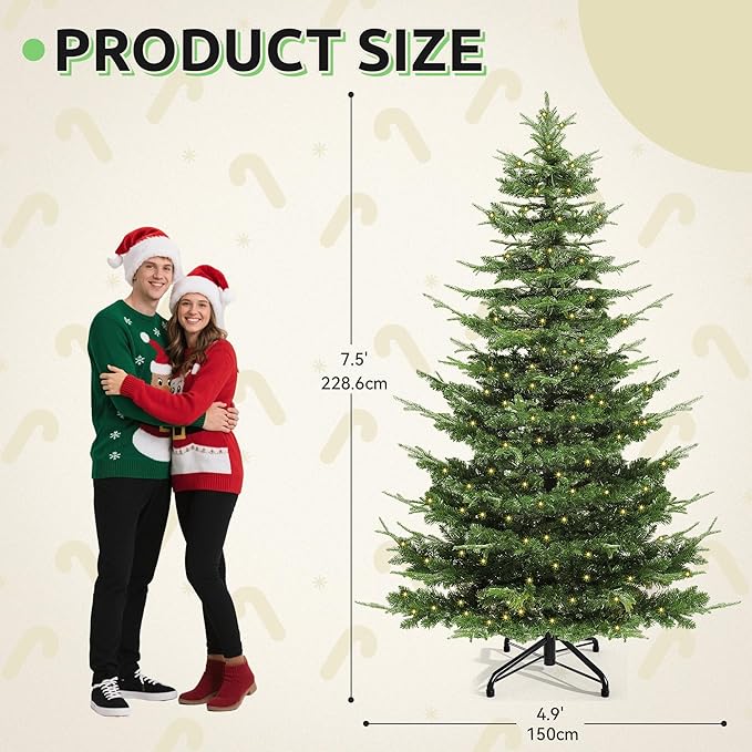 GOOBED Prelit Aspen Fir Christmas Tree 7.5ft with Remote Control, Pre-lit Hinged Xmas Tree with Glittering Diamond Tips, Holiday Decor for Holidays, Parties, Green