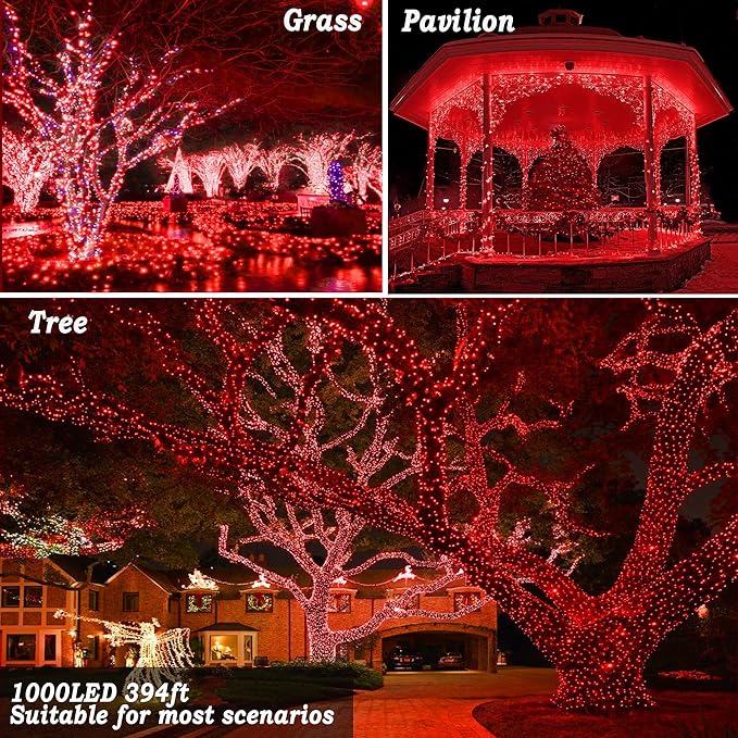 KNONEW 403ft 1000 LED String Lights Outdoor Christmas Lights 8 Modes & Timer Fairy Light Plug in Waterproof LED String Lights for Xmas Yard Tree Wedding Party Holiday Decorations (Red)