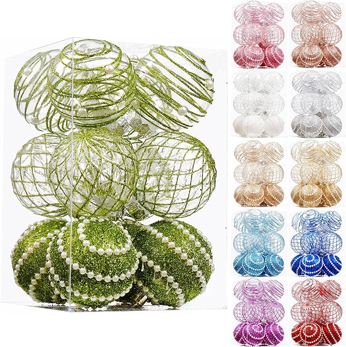 12CT Christmas Ball Ornaments Green Shatterproof Clear Large Plastic Christmas Tree Decoration, Delicate Hanging Ornaments for Xmas Party, Wedding, Holiday and Home Décor(70mm/2.76")