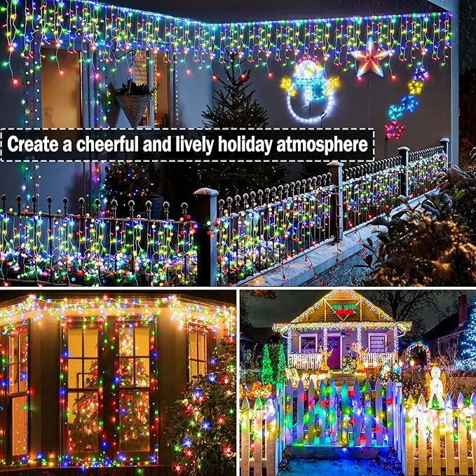 KNONEW 99ft 960 LED Christmas Lights Outdoor Decorations with 180 Drops, 8 Modes Curtain Fairy Light, Clear Wire LED String Light Indoor Decor for Wedding Party Christmas(Multicolor)
