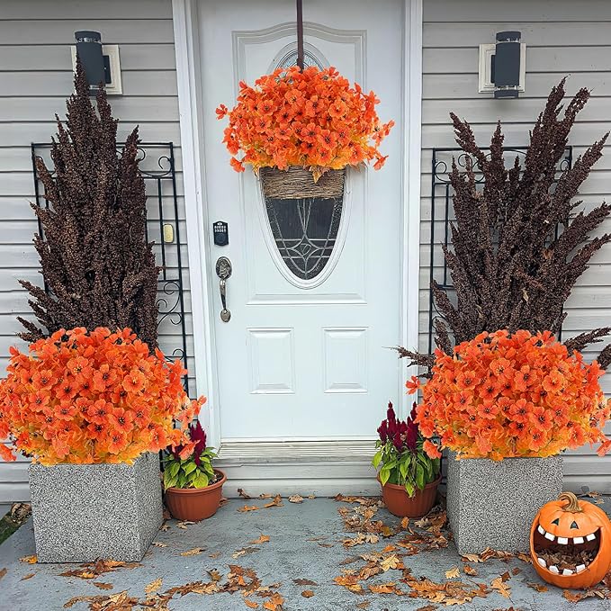AmyHomie 16 Bundles Fall Orange Artificial Flowers for Outdoor Fall Decor UV Resistant Faux Flowers No Fade Fake Plastic Plants Garden Porch Window Box Decorating