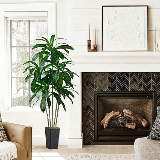 Artificial Dracaena Tree-5FT Tall Fake Plants with Black Tall Square Planter-Artificial Plants Indoor Floor Plant in Pot-Large Tropical Fake Yucca Potted Tree for Home Office Living Room Decor