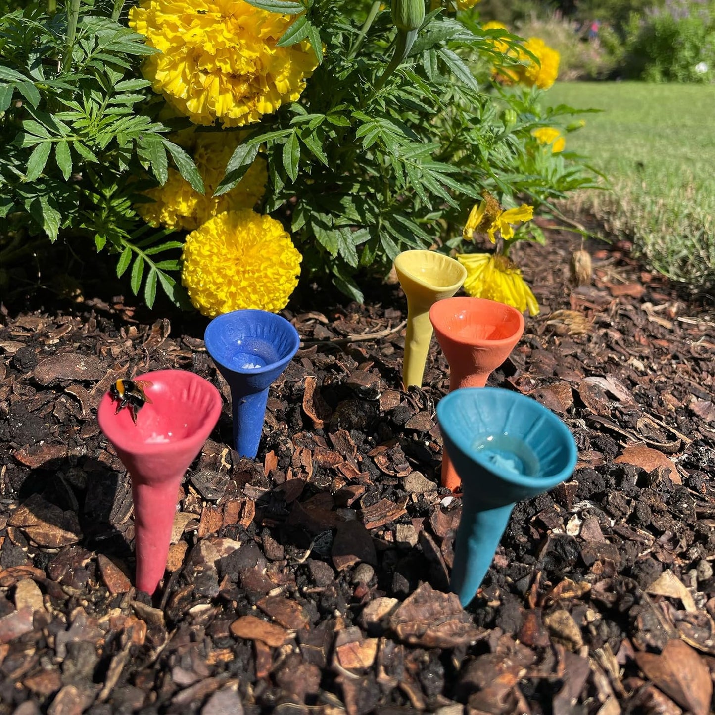 5 Pack, Bee Watering Station, 100% Handmade Porcelain, Bee and Butterfly Feeder for Garden, Outdoor Feeders for Thirsty Pollinators, Plastic Free, Bee Attracting Glaze (5, Bold Variety)