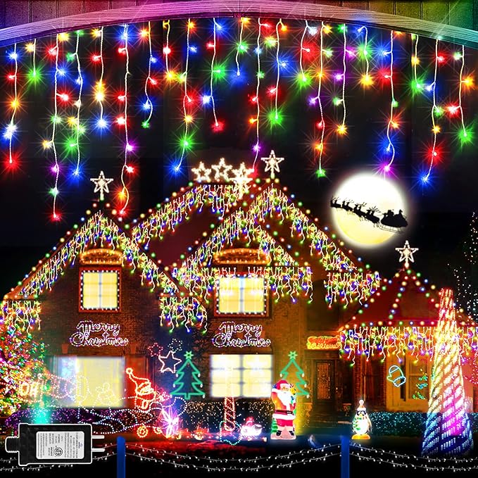 65 FT 640 LED Christmas Lights Outdoor Decorations Clear Wire String Lights Plug in 120 Drops 8 Modes Memory Timer Connectable Curtain Fairy Lights Waterproof for Holiday Wedding Party-Multicolored