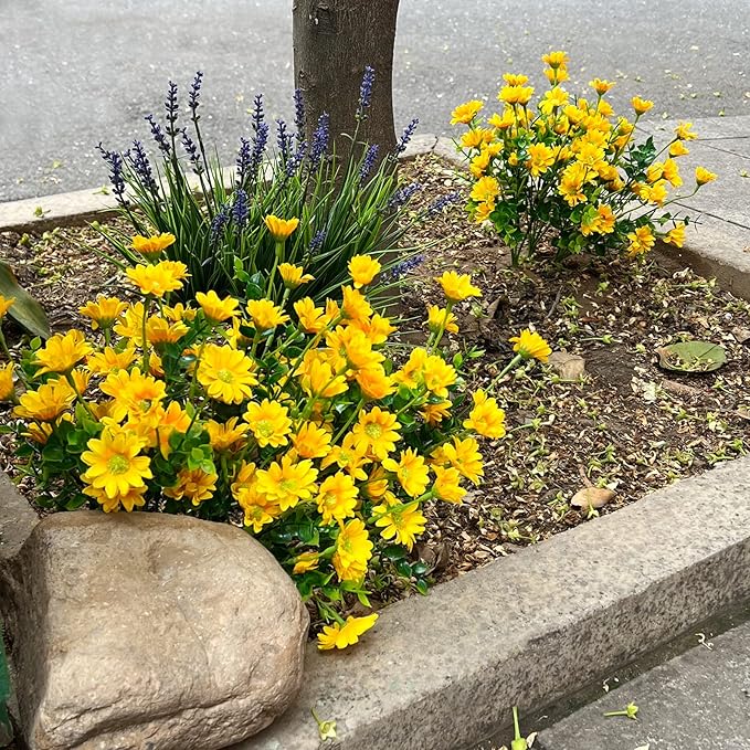 Yellow Artificial Outdoor Flowers Fake Mums 8 Bundles Flower Realistic Wild Flower Cemetery Daisy Stems Faux Plants for Outdoors Planter Front Porch Patio Decor