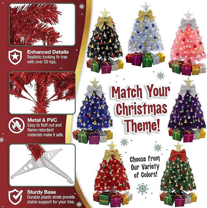 Small Red Christmas Tree with Lights - 23 Inch Mini Tabletop Christmas Tree with Warm-White LED Lights, Hanging Ornaments, Decorative Bow and Gift Boxes - Table Tree for DIY Christmas Decoration