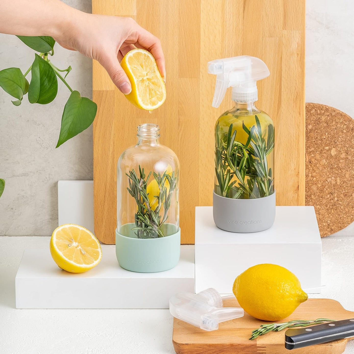 Vine Creations Glass Spray Bottles for Cleaning Solutions, Clear Glass Spray Bottle with Silicone Sleeve, 16 oz Empty Spray Bottles for Cleaning, Plant Spray Bottle, Mist and Stream Nozzle - 2 Pack