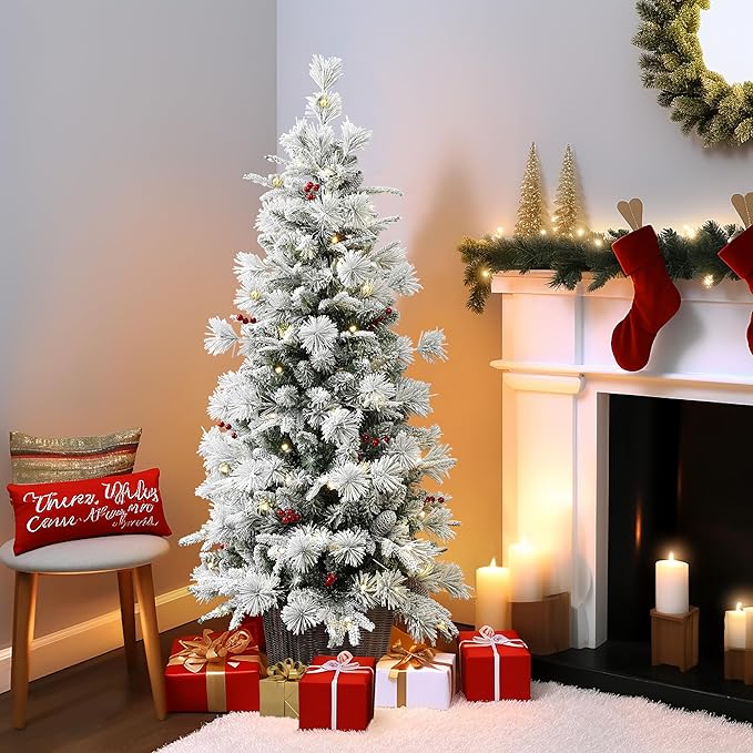LuxenHome 4.5FT Small Potted Christmas Tree, Prelit Flocked Christmas Tree with 100 LED Lights and Artificial Trees with Red Berries, Lighted Pine Trees for Indoor, Outdoor Holiday Display