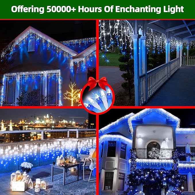 504 LED Christmas Lights with 112 Drops, 50ft 12 Modes Blue and White Fairy String Lights with Timer Dimmable, Waterproof Twinkle Lights for Indoor Outdoor Holiday Wedding Party Eaves Yard Yard Decor