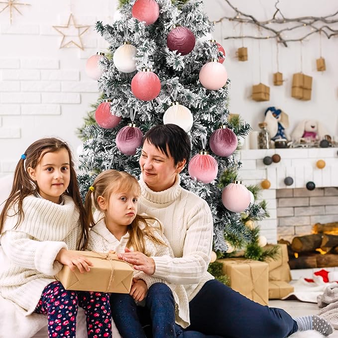 Velvet Christmas Ornaments Balls for Tree - 15pcs Pink Christmas Ornaments Shatterproof for Xmas Decorations - Multicolor Pink & Beige 80mm 3.15inch