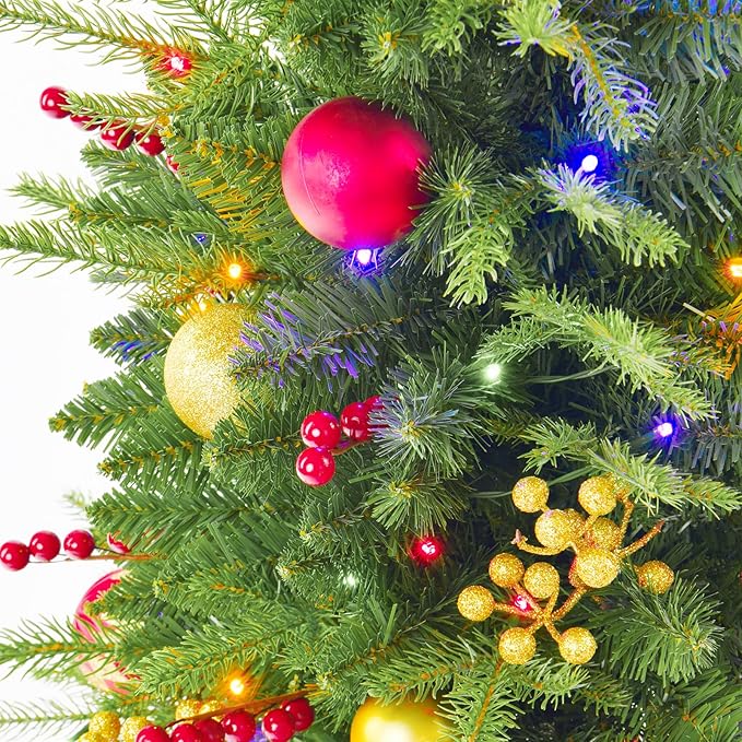 4ft Prelit Artificial Small Christmas Tree with Warm White Multi-Color LED Lights, Timer Battery Operated, Stand Balls & Pine Cone Slim Pencil Decoration Tree for Indoor/Outdoor