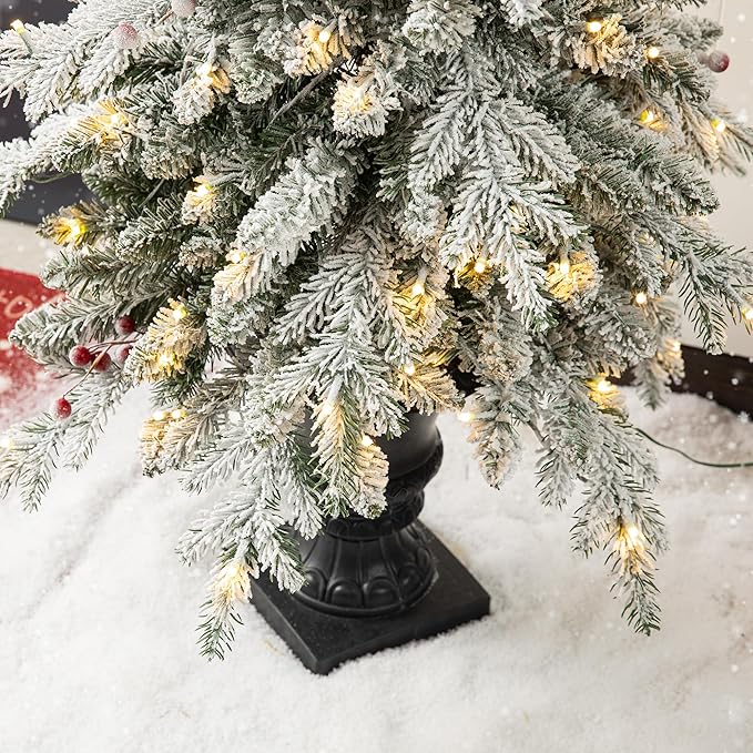 Glitzhome Christmas Porch Tree Set of 2, 5ft Prelit Artificial Christmas Tree with 150 Warm White Lights and 480 PE&PVC Branch Tips, Flocked Potted Christmas Tree for Xmas Indoor Outdoor Decor