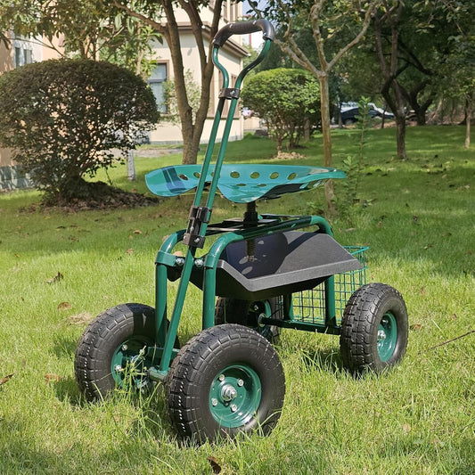 BDL Garden Cart Outdoor Rolling Garden Workseat with Wheels, Heavy Duty Garden Tool Cart with Extendable Handle and Storage for Seniors Yard Gardening Work