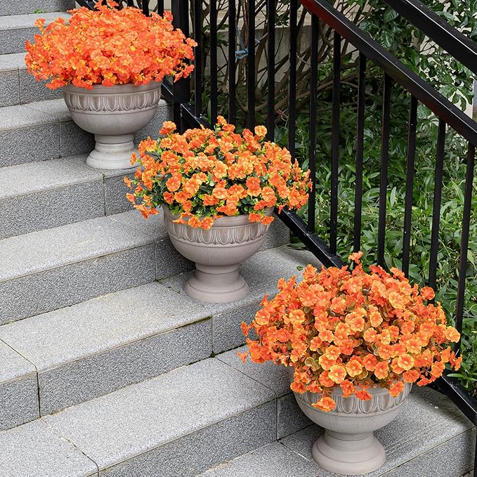 Lnoicy Artificial Fall Mums 12 Bundles Eucalyptus Fake Flowers for Planter,Fake Morning Glory for Halloween Home/Porch/Garden Decoration (Fall Orange)