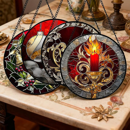 Stained Glass Window Hanging 4 Pcs Set Christmas Golden Bell Sleigh Large 15" - Suncatcher Door Garden Sun Catcher Decor Birthday Mother's Day Xmas Gifts for Mom Woman Nana Men Parents