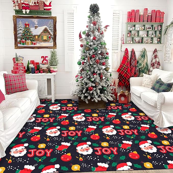 6' X 9' Christmas Rugs Xmas Area Rug for Kids Boys Girls Teens Bedroom Living Room Nursery Dining Area Dorm Santa Claus Carpet Low Pile Floor Mat Pad Indoor Winter
