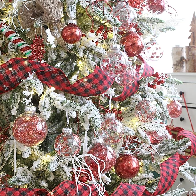 Sea Team Christmas Baubles Set of 48 Shatterproof Clear Plastic Christmas Baubles Multi-Size Decorative Baubles with Stuffed Delicate Decorations (48 Pieces, Red)