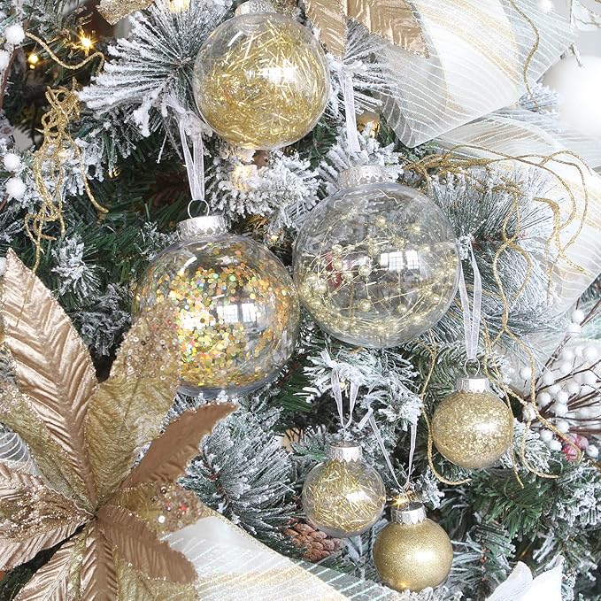 Sea Team 50mm/1.97" Shatterproof Clear Plastic Christmas Tree Ball Ornaments Set, Decorative Hanging Transparent Xmas Baubles with Stuffed Delicate Decorations (30 Counts, Gold)