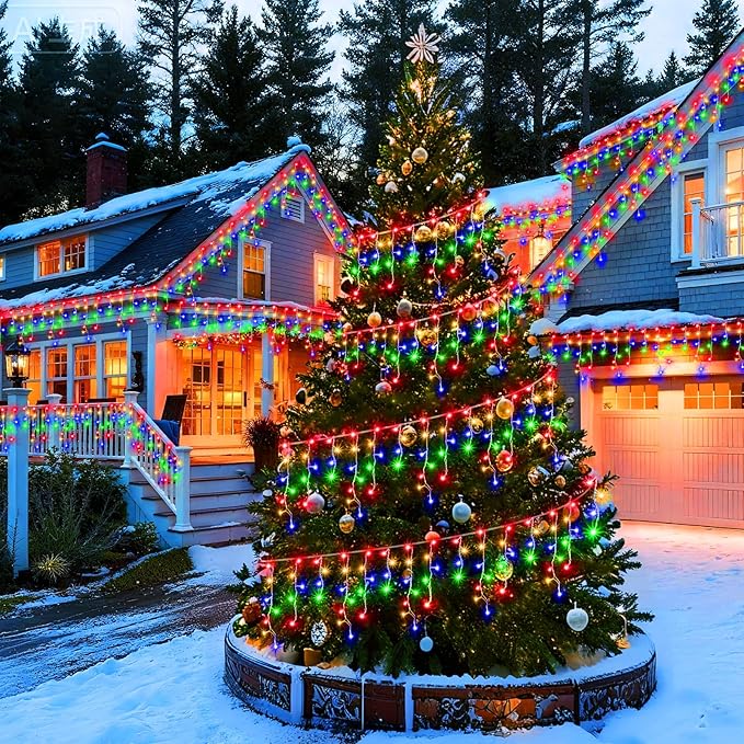 KNONEW Christmas Lights Outdoor Decorations 400 LED 33ft 8 Modes Curtain Fairy String Light with 75 Drops, Clear Wire LED String Light for Wedding Party Holiday Christmas Decorations Multicolor