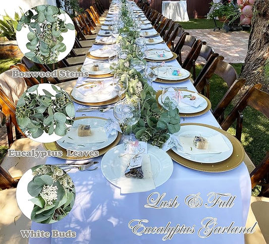 Ouddy Decor Eucalyptus Garland 6.56 Ft Lush Silver Dollar Leaves Boxwood with White Buds Artificial Faux Greenery Vines for Baby Shower Wedding Party Table Runner Room Home Mantle Decor