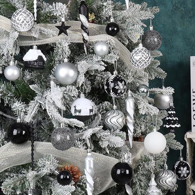 124Ct Black White and Silver Christmas Ornaments Set, Elegant Shatterproof Assorted Christmas Decorations for Xmas Tree Snowflake Icicle House Ball Ornaments Baubles for Holiday (Black White Silver)