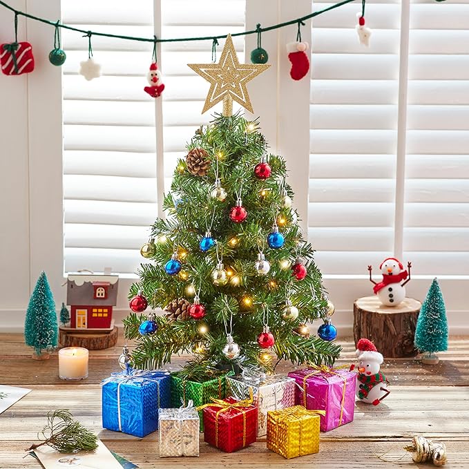 Joiedomi 24 Inch/2FT Pre Lit Tabletop Mini Christmas Tree Decorations with Warm LED Lights, Gift Box and Christmas with Ball Hanging Ornaments for Indoor Xmas Holiday Season Best DIY Decorations