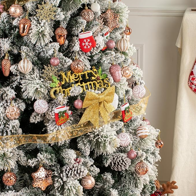 110 Pcs Rose Gold & White Christmas Ornaments Set, Assorted Christmas Balls Decor for Xmas Tree, Shatterproof Plastic Baubles Hanging Decorations for Holiday/Party/Wedding