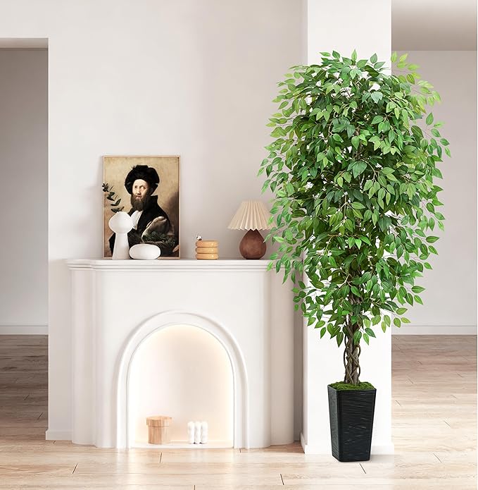 Artificial Ficus Tree 6FT Faux Plants Indoor Tall Fake Plants with Black Square Planter, Green Lifelike Lush Fake Ficus Tree for Home Living Room Bedroom Outdoor Balcony House Office Decor