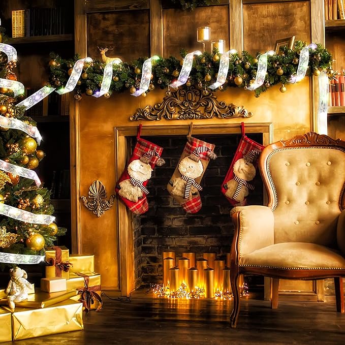 Christmas Decorations, 2.5Inch x 33Ft 100 Led Christmas Tree Ribbon Lights with Remote Control, Battery Operated & USB Powered 8 Lighting Modes Fairy String Lights with Timer for Xmas Decor