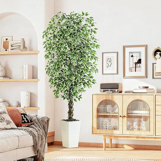 Artificial Ficus Tree Indoor 6FT Fake Plants Large Artificial Plant with Crack White Tall Planter, Green Lifelike Lush Fake Ficus Tree for Home Living Room Bedroom Outdoor Balcony House Office Decor